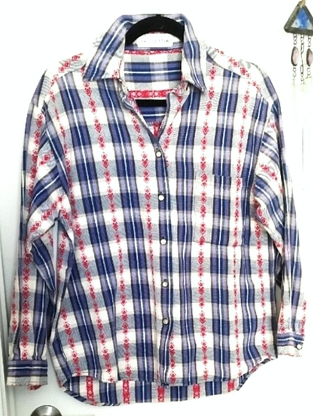 Anchor Blue Vintage S White Plaid Embroidered Red Diamond Motif Button-Down